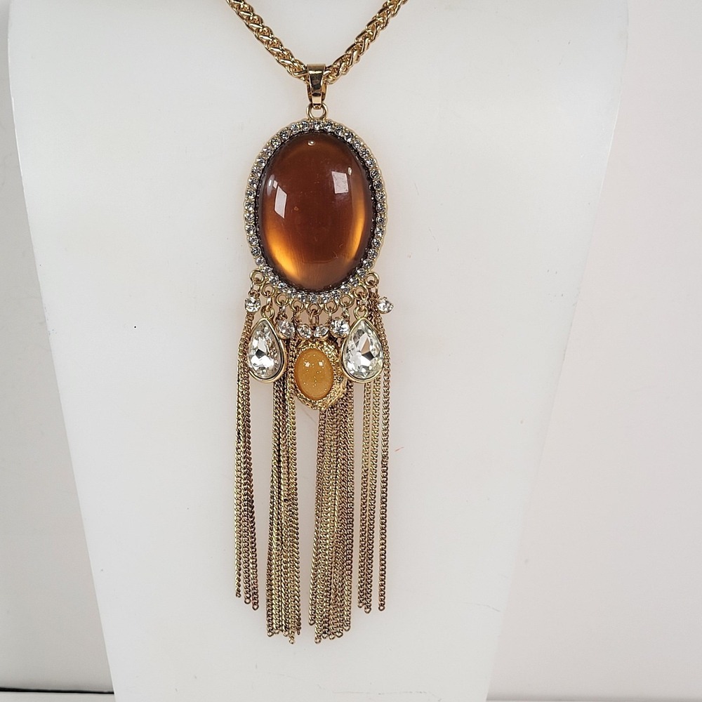 Gold Tone Cognac Glass Oval Pendant Necklace Rhinestone Fringe Statement Jewelry